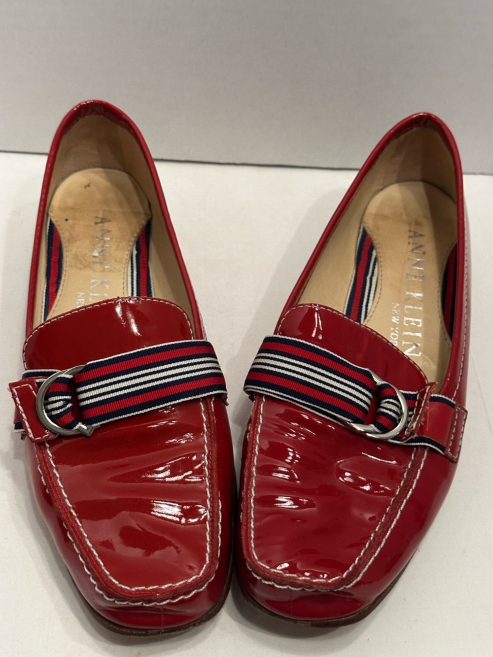Anne Klein Red Patent Loafers with Navy-White Striped Buckle Vintage